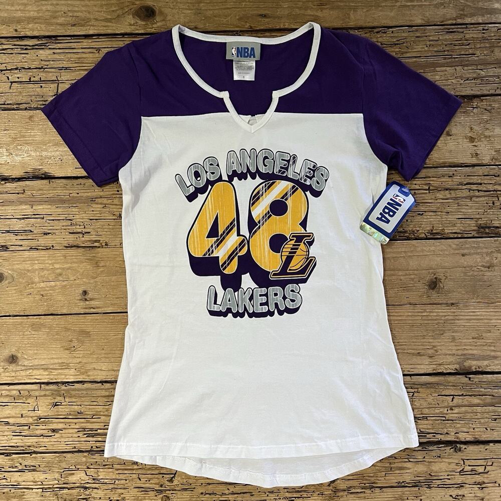 NBA Women Lakers 48 White Basketball T-Shirt W/ Purple Yellow Size S NWT